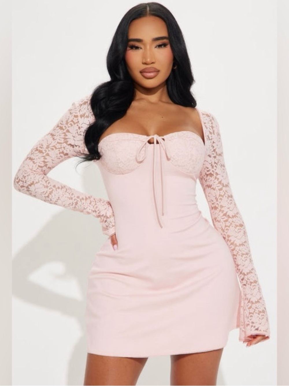 Fashion Nova Delia Lace Long Sleeve Mini Dress Girly Bodycon Feminine Boho